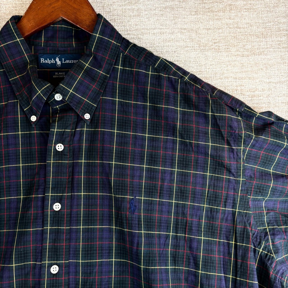 VTG Ralph Lauren Blake Men XXL Navy Green Tartan Plaid Button Down Shirt 90s EUC